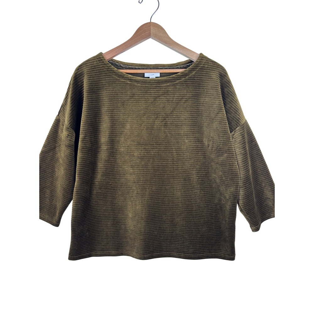 J.Jill Corduroy Top Size M Petite Olive Green Ribbed Velour Holiday Pullover